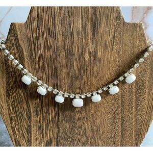 Vintage choker Necklace Rhinestone Milk Glass White Silver Tone Jewelry Estate